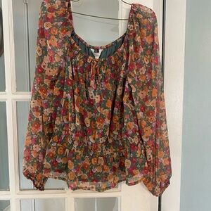 LC Lauren Conrad Floral Blouse with Orange and Pink Accents